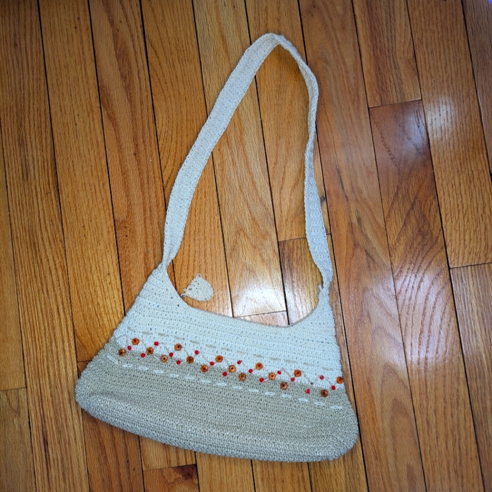 Liz Claiborne Off-White and Tan  Shoulder Bag with beaded trim